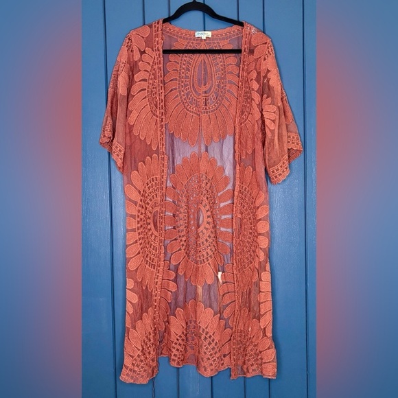 Tops - Terracotta Orange Mesh Duster Top Size Large Sheer Boho Southwestern Lagenlook